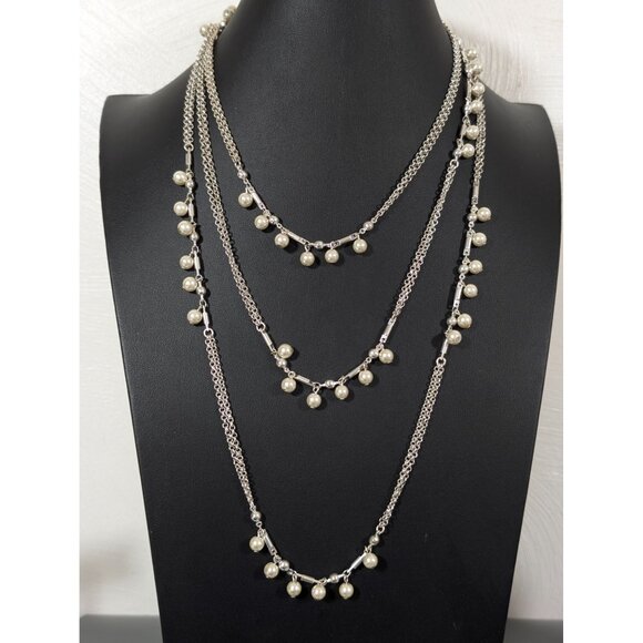 Retro Silver Tone Double Chain Faux Pearl Very Long necklace 64" - Picture 1 of 7